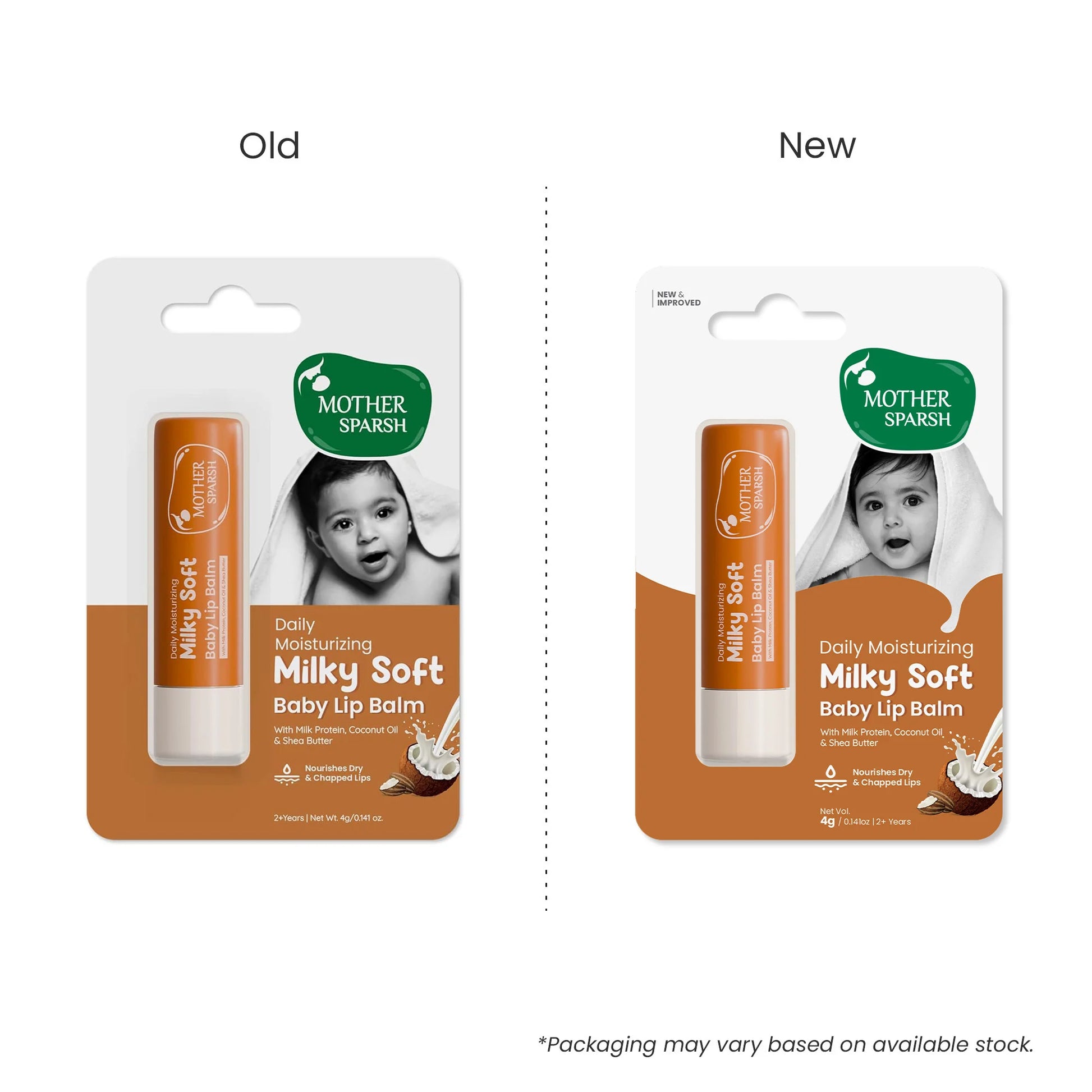 Mother Sparsh Daily Moisturizing Milky Soft Baby Lip Balm with coconut oil, milk protein and shea butter, Old and New Packages