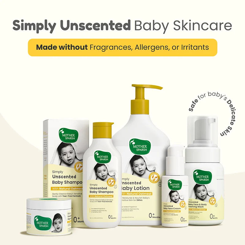 The complete Mother Sparsh Simply Unscented Baby Skincare range, including rash cream, lotion, shampoo, and foaming wash, all made without fragrances, allergens, or irritants.
