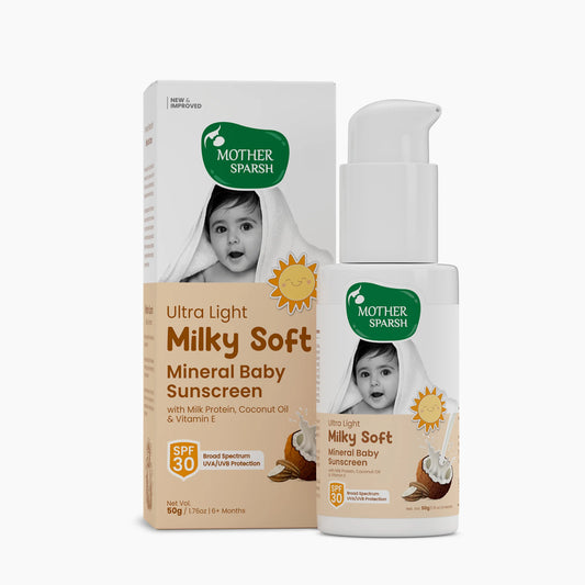 Hero shot of Mother Sparsh Ultra Light Milky Soft Mineral Baby Sunscreen SPF 30 50 g pump bottle with packaging