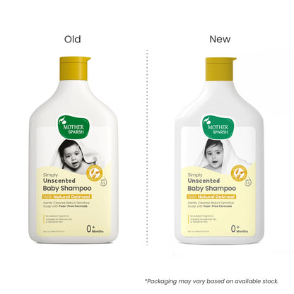 Old vs new packaging comparison of Mother Sparsh Simply Unscented Baby Shampoo with natural oatmeal for sensitive scalp