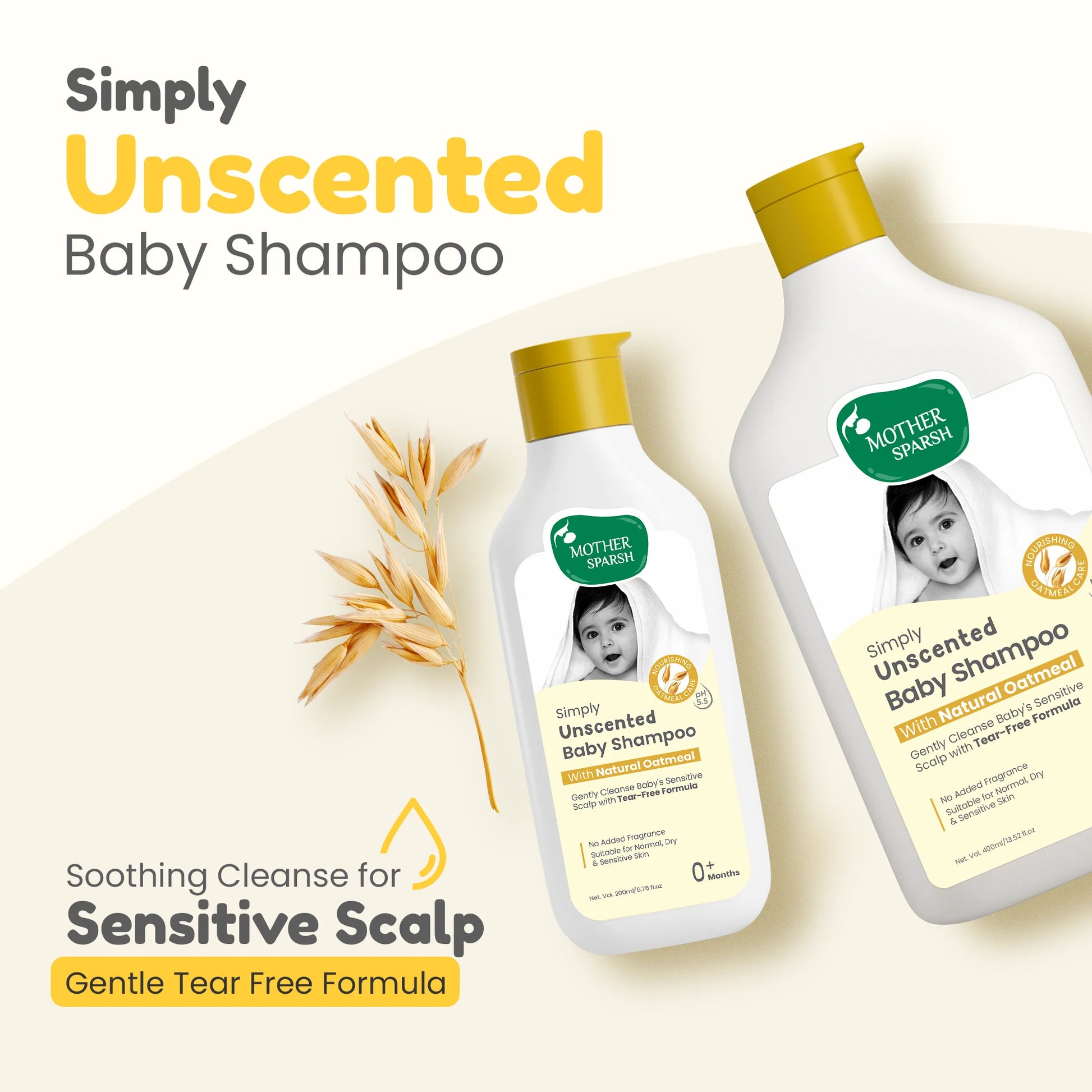 Mother Sparsh Unscented Baby Shampoo bottles with natural oatmeal, shown for sensitive scalp care and tear-free use