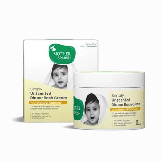 Mother Sparsh Simply Unscented Diaper Rash Cream with Natural Oatmeal, showing the 50g product jar alongside its outer box packaging.