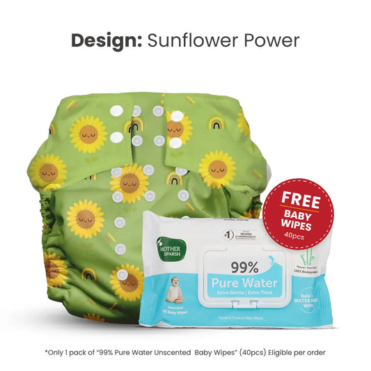 Mother Sparsh Sunflower Power Baby Cloth Diaper with Free Wipes