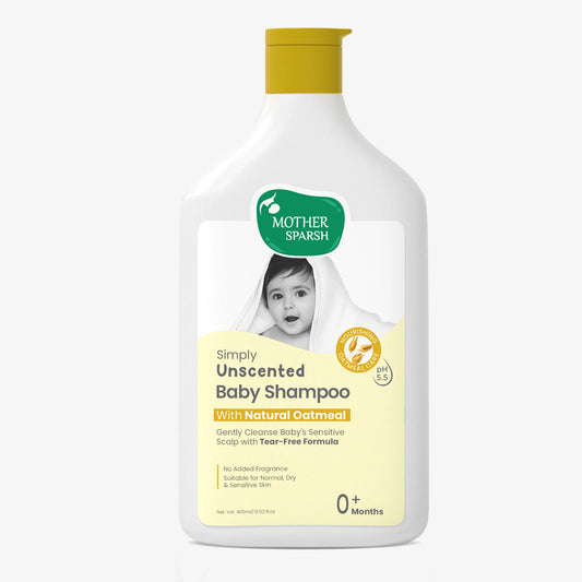 400ml Mother Sparsh Unscented Baby Shampoo with natural oatmeal extract for sensitive scalp, tear-free for newborns