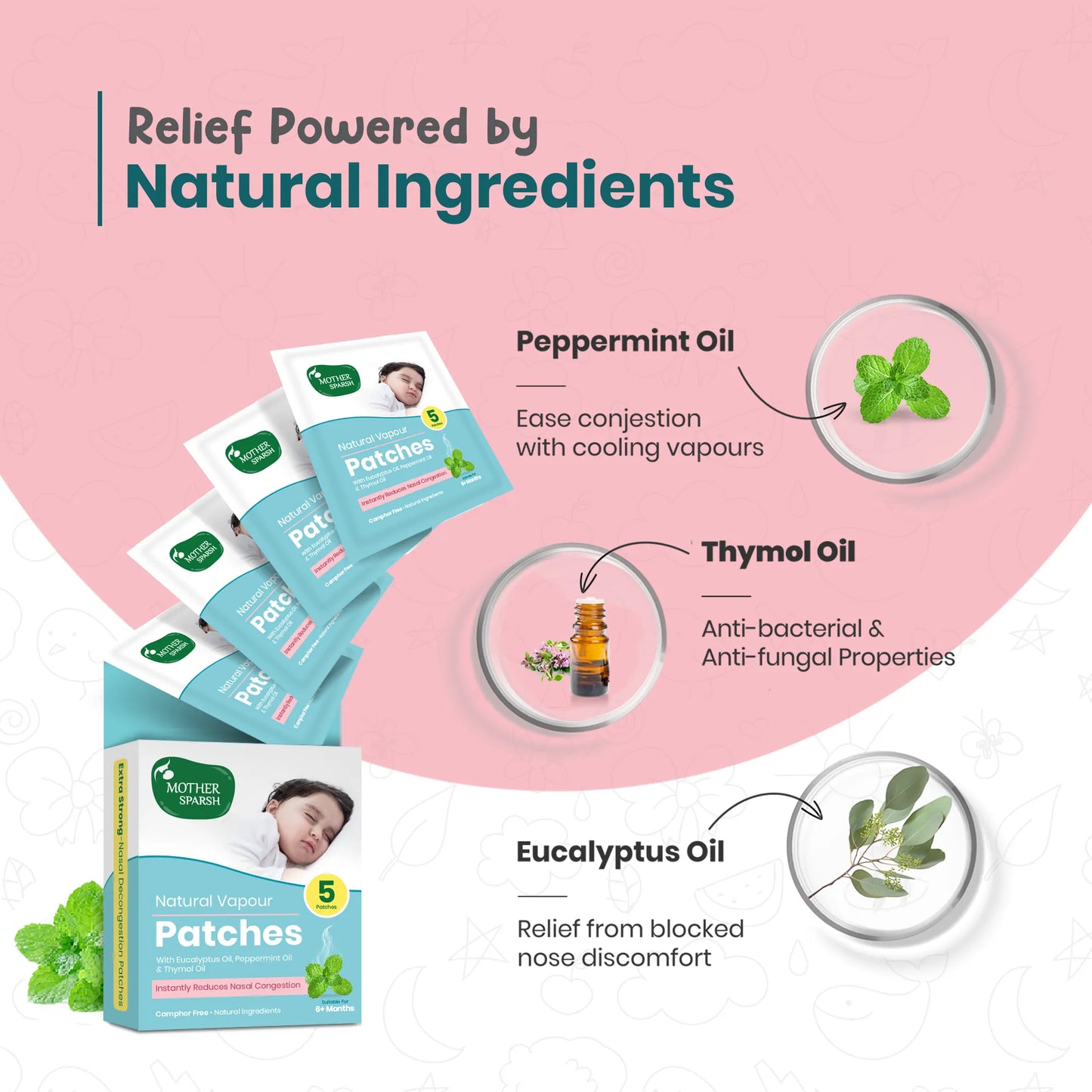 Baby vapour patch with eucalyptus, peppermint and thymol oil for blocked nose and chest congestion relief