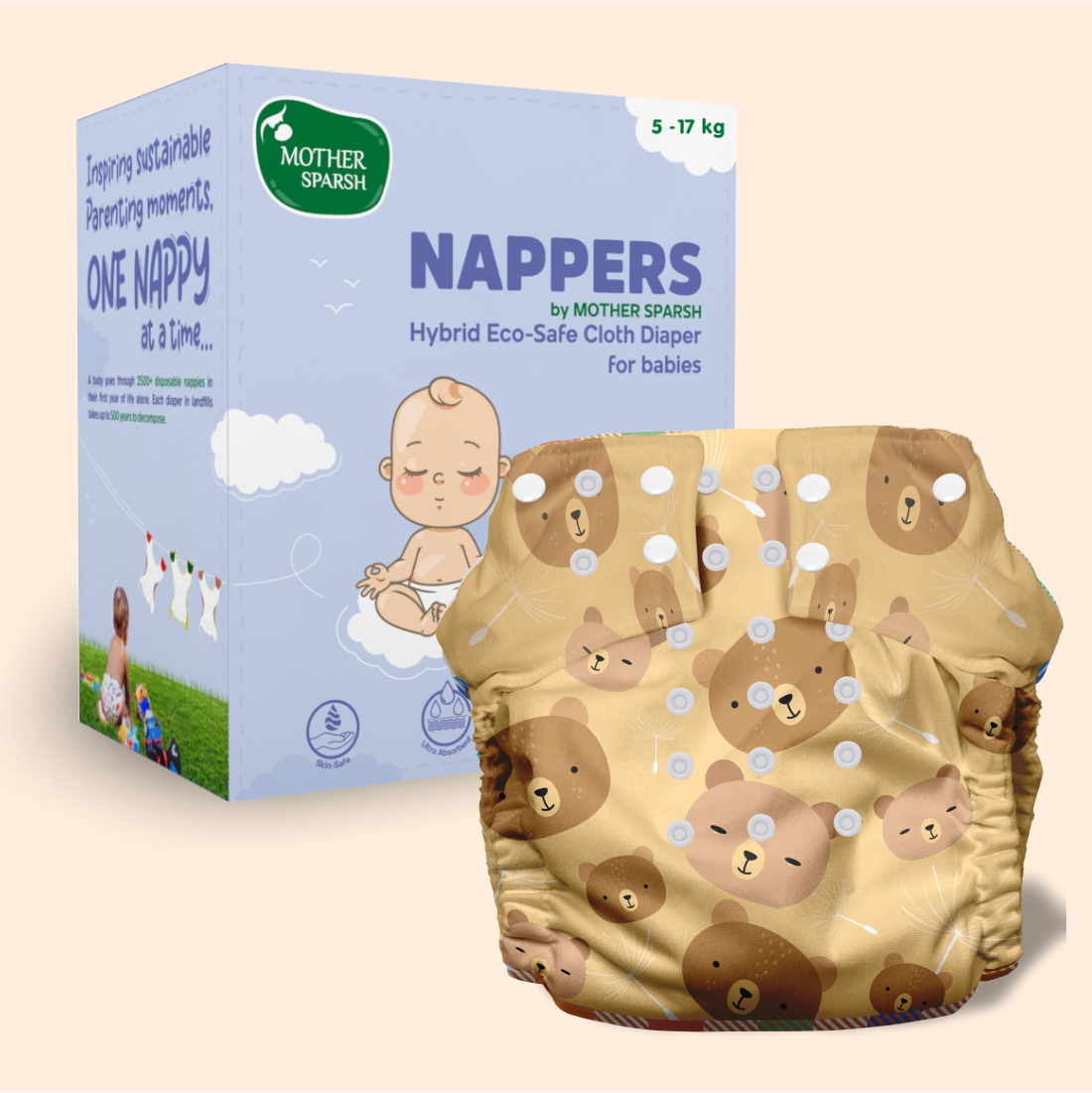 Nappers by Mother Sparsh : Hybrid Eco-Safe Reusable Cloth Diaper + Hybrid Soaker Pad (Free Size)