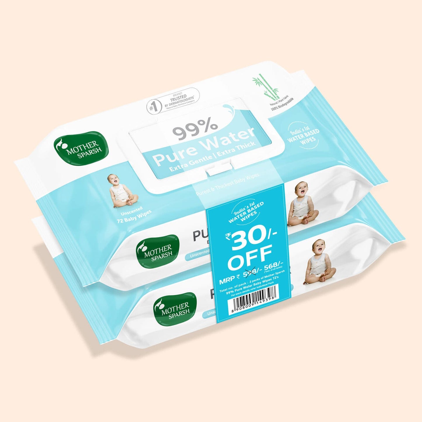 99% Pure Water Unscented Baby Wipes with Medical Grade Fabric for Sensitive Skin (72 pcs)